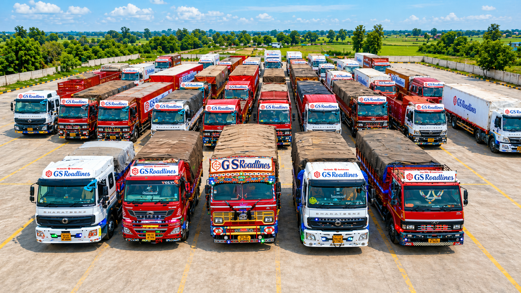 GS Roadlines trucks parked in an organized fleet yard